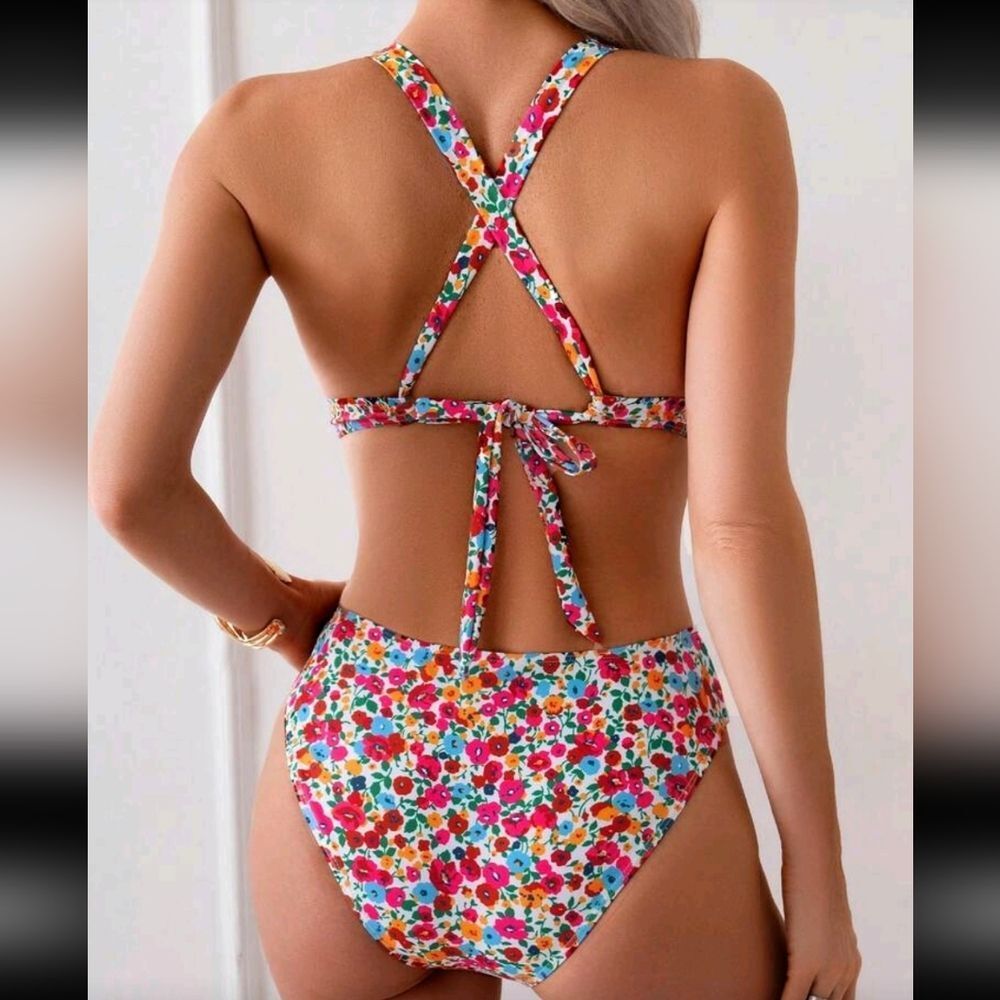 Womens Casual Beach & Swim Floral Ditsy Flower Halter Tie Back High Waist Bikini - Picture 6 of 7